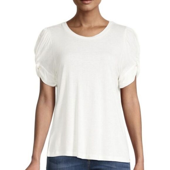 BCBGMAXAZRIA Linen-Blend Twisted Puff Sleeve White Tee - Picture 1 of 10